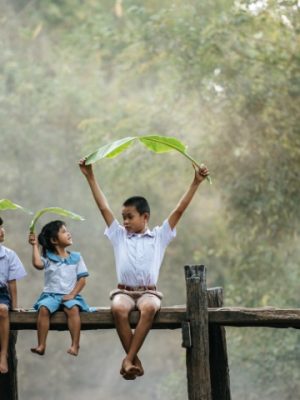Asian boy and little girls sitting on wooden bridge and joyful to playing with banana leaves on head, smile and laughting with funny together, copy space, rural scene style concept